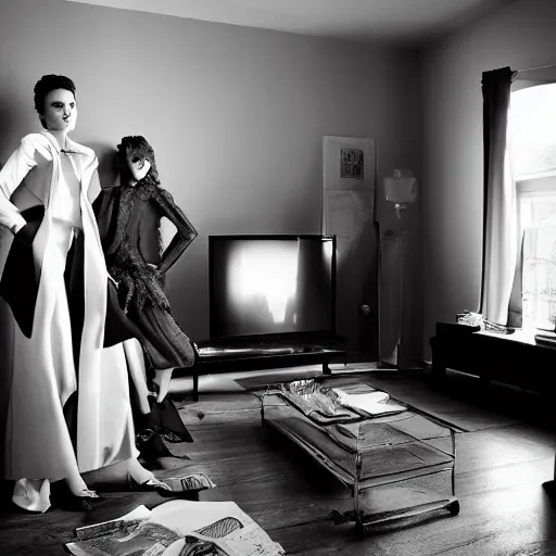 Image similar to medium format photograph of a surreal fashion shoot in the living room of a house with the tv on, camera flash