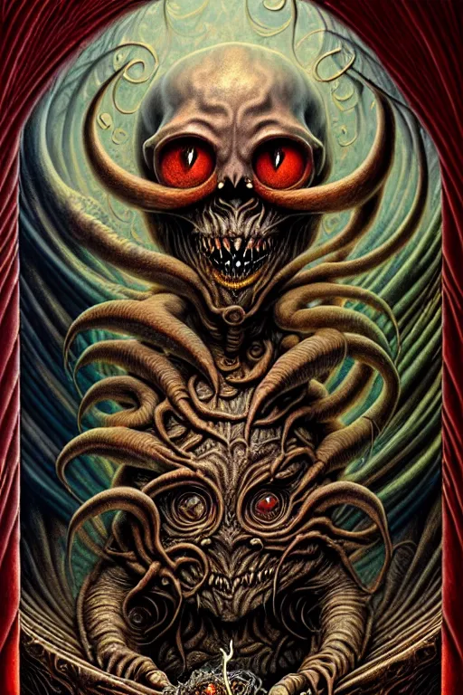 Image similar to A beautiful detailed grotesque monster super cute tarot card, by tomasz alen kopera and Justin Gerard, symmetrical features, ominous, magical realism, texture, intricate, ornate, royally decorated, skull, skeleton, whirling smoke, embers, red adornements, red torn fabric, radiant colors, fantasy, trending on artstation, volumetric lighting, micro details, 3d sculpture, ray tracing, 8k, anaglyph effect