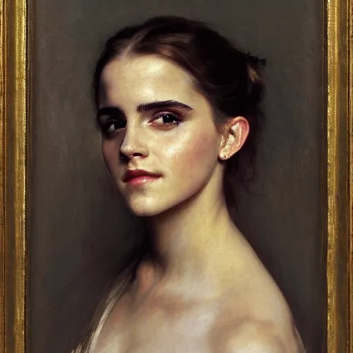 Image similar to portrait painting of emma watson, by john singer sargent, ilya repin, bouguereau, carolus - duran, elegant, 1 9 th - century, old masters, award winning, louvre collection, museum collection, realistic face, detailed