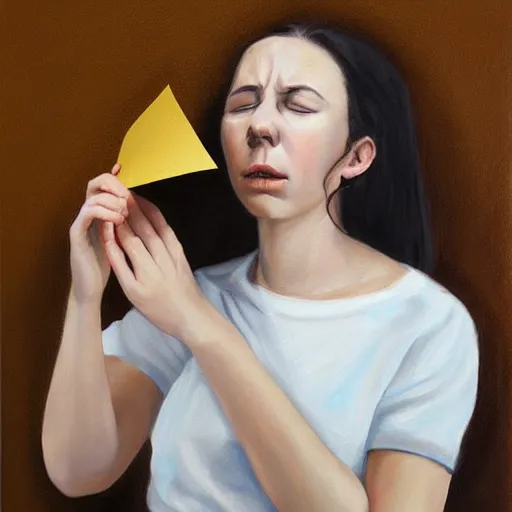 Prompt: portrait of a expressionless woman holding a note on her hand while she cries, realistic detailed painting
