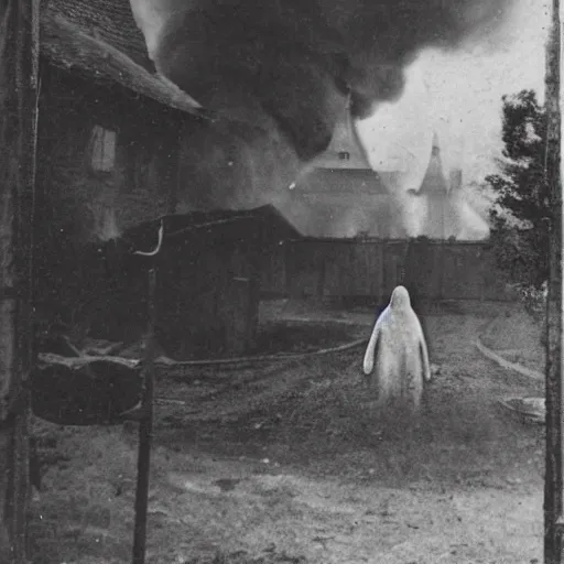 Prompt: scary unproportionally tall ghost creature in the middle of a village on fire, 1900s picture