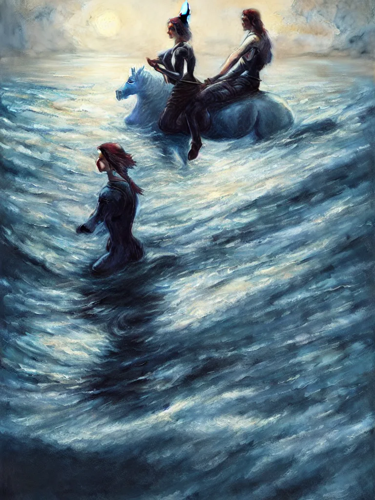 Image similar to a vintage photo of one sad female riding on the unicorn in the river, gloomy, strong subsurface scattering, cobalt blue floating in the river, art by greg rutkowski