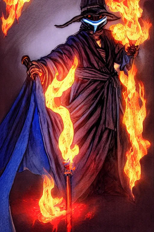 Image similar to a pencil smear sketch of a plague doctor with a blue wizard robe holding his right hand out with fire coming off of it, as a d & d character, blue robe, magical, red highlights, hip hop aesthetic, concept sheet, painting by gaston bussiere, demon slayer, akiri toriyama, dramatic lighting, professional manga style, anime