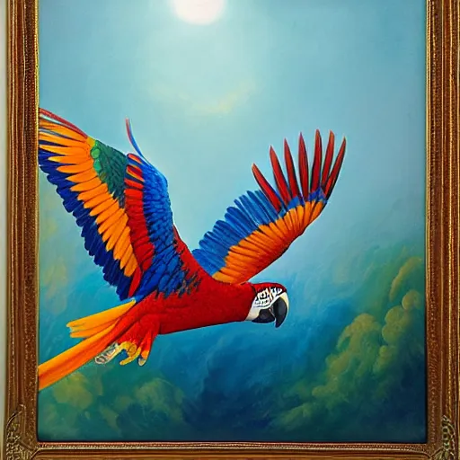 Prompt: golden red and blue macaw flying at dawn, amazon in the background, sentient bird, highly detailed, ethereal macaw, heavenly lighting, oil on canvas painting, reinassance painting