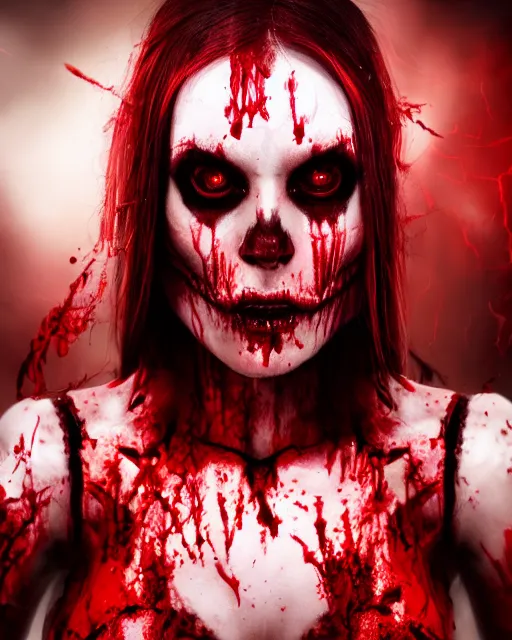 Prompt: enraged queen of blood, red eyes, skeletal, particle effects, realistic, highly detailed, cinematic