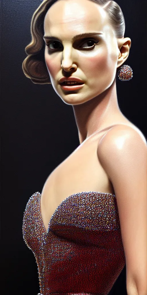 Prompt: Natalie Portman, wearing an evening gown, alexander mcqueen couture, very detailed portrait, ultrarealistic, dramatic lighting, electrical details, high details, 4k, 8k, best, accurate, trending on artstation, fur, artstation, photorealism, ultrarealistic, digital painting, style of Dali, Caravaggio, Boris Vallejo