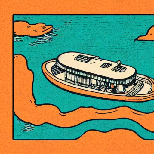 Prompt: isometric aerial view of the jungle cruise riverboat in a river, poster art, concept art, colorful, 2 d, flat style, nautical navigation map, minimalist modern art photo illustration ink drawing woodcut retro