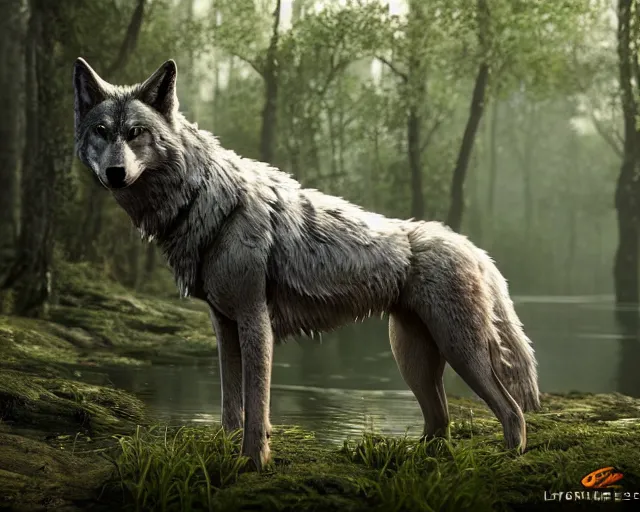 Image similar to a wolf standing on a riverbank in a forest, natural lighting, ultra realistic, concept art, intricate details, highly detailed, photorealistic, octane render, 8 k, unreal engine