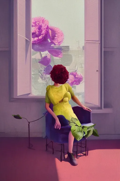 Prompt: closeup, huge flower as a head, woman sitting on lounge chair by a modern window, surreal photography, studio light, impressionist painting, digital painting, artstation, simon stalenhag