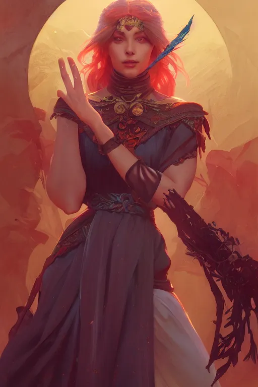 Image similar to beautiful sorceress, accurate anatomy, only two hands, highly detailed, digital painting, artstation, concept art, smooth, sharp focus, illustration, Unreal Engine 5, 8K, art by sakimichan and greg rutkowski and alphonse Mucha