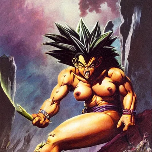 Image similar to Savage battlescarred Saiyan warrior girl, cavewoman, wild spiky black electrified hair, pelt, scimitar, primeval fantasy, prehistoric fantasy, orcs, goblins attacking, 1980s pulp fantasy, art by Frank Frazetta and Boris Vallejo