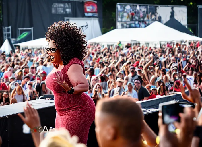 Image similar to photo still of oprah winfrey at the vans warped tour 2 0 1 8!!!!!!!! at age 3 6 years old 3 6 years of age!!!!!!!! tossing bags of money into the crowd, 8 k, 8 5 mm f 1. 8, studio lighting, rim light, right side key light