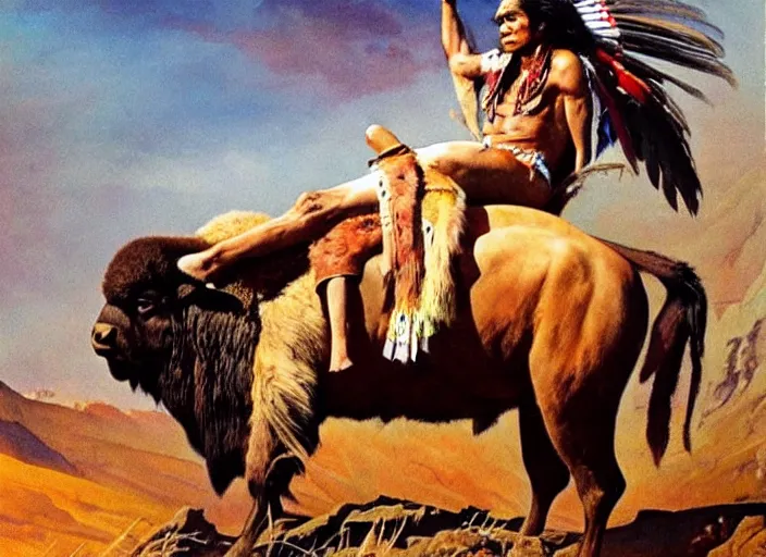Image similar to powerful native american warrior!! beautiful native american sitting on bison, buffalo, painted by frank frazetta