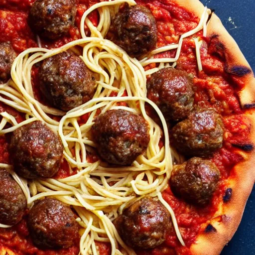 Image similar to a delicious meatball pizza with crust made of semolina spaghetti.