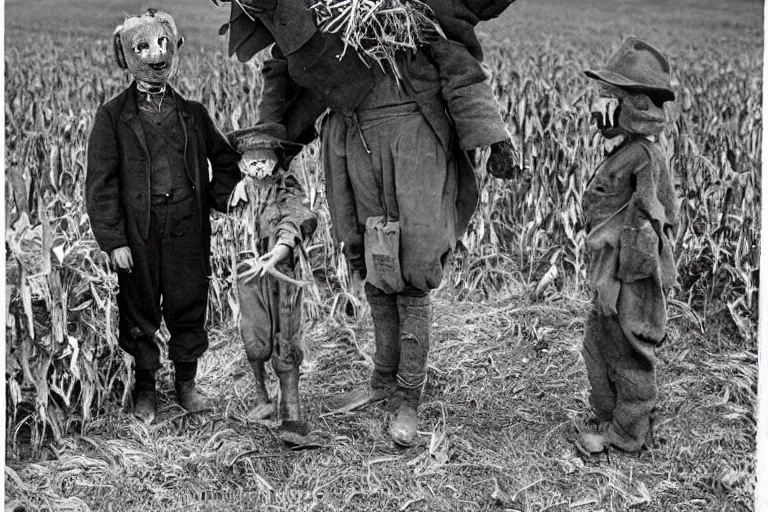 Image similar to disturbing scarecrow from the early 1 9 0 0's leading children into the cornfields