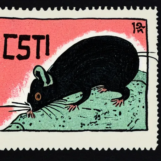 Image similar to a risograph of a rat trying to lift a rock