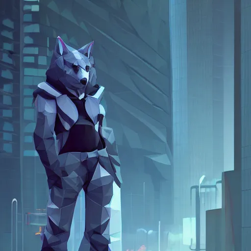 Image similar to Playstation 1 PS1 low poly foggy graphics portrait of furry anthro anthropomorphic wolf animal person fursona wearing clothes in a futuristic cyberpunk foggy city alleway. Artstation, CGSociety