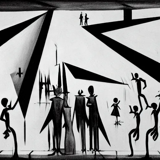 Prompt: a bar in the style of the cabinet of dr. caligari film, black and white, german expressionism, realistic