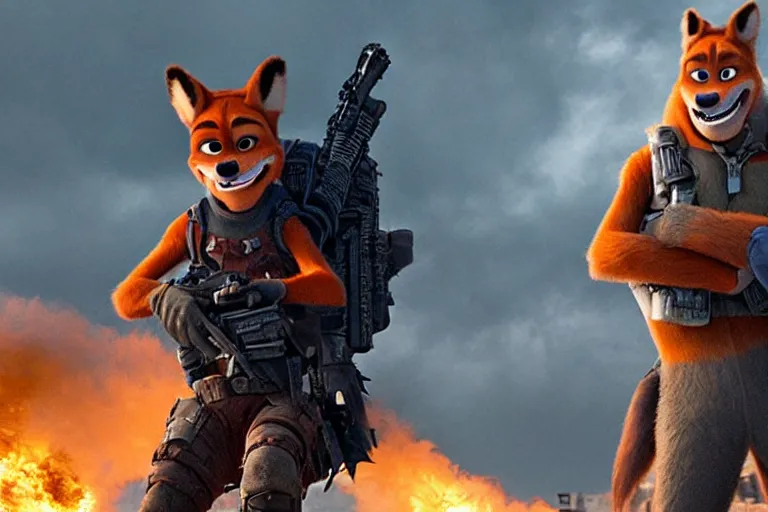 Image similar to nick wilde, heavily armed and armored facing down armageddon in a dark and gritty reboot from the makers of mad max : fury road