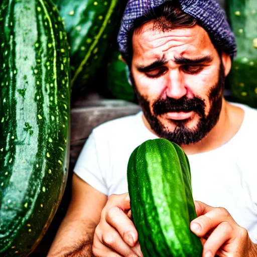 Prompt: a gypsy man drunk messing with a cucumber