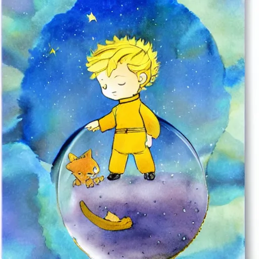 Image similar to the little prince on a little crystal planet floating in space, watercolors by antoine de saint exupery