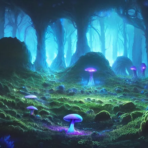 Image similar to concept art painting of a fantasy alien fungal landscape at night, with glowing blue lights, glowing blue mushrooms, dark purple sky, realistic, detailed, cel shaded, in the style of makoto shinkai and greg rutkowski and albert bierstadt and james gurney