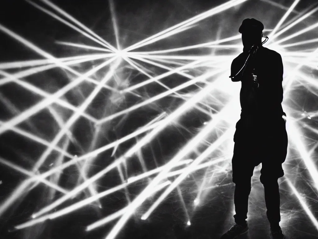 Prompt: man holding a microphone and rapping, epic pose, silhouetted, distinct figure, psychedelic hip-hop, laser light show, fog, beams of light