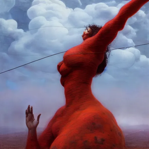 Prompt: A giant woman, wearing clothes made out of thunder clouds and flowers red skin, mountains, Masterpiece, glowing, wires everywhere, by Edgar Maxence and Ross Tran, Zdzisław Beksiński, and Michael Whelan, distant, gustav dore, H.R. Giger, 8k, octane render