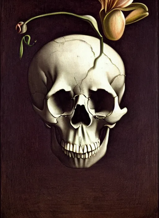 Image similar to renaissance painting of a skull - shaped orchid on a black background, high quality, no blur, 4 k