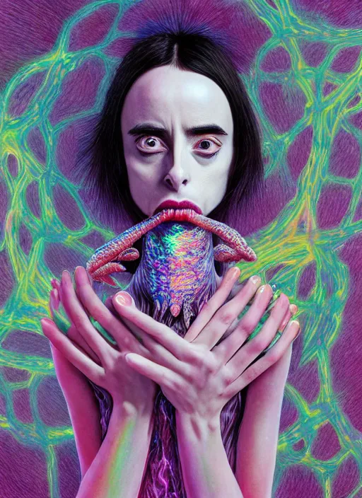 Prompt: hyper detailed 3d render like a chiaroscuro - kawaii portrait (astronaut queen, suit like a chrome skeksis, porcelain forcefield, looks like Krysten Ritter) seen Eating of the Strangling network of charcoal aerochrome watercolor and milky Fruit and His delicate Hands hold gossamer polyp nun bring iridescent fungal flowers