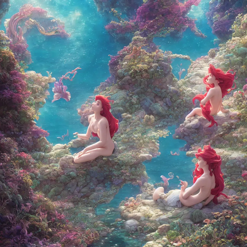 Image similar to the little mermaid sings in the colorful ocean, correct human body and perspective, pearls and shells, fantasy art by ferdinand knab, makoto shinkai and ilya kuvshinov, rossdraws, tom bagshaw, alphonse mucha, trending onstudio ghibli, radiant light, highly detailed, octane render, 8 k