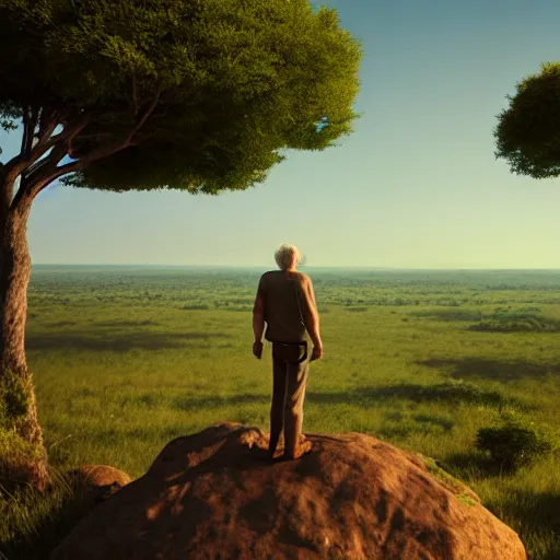 Prompt: old man standing on a rock overlooking the savanna, high detailed, super high resolution, realistic, concept art, artistic, octane render, masterpiece fine details