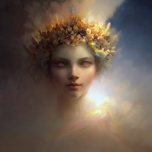 Image similar to epic portrait an statue of an flower goddess, beautiful, cracky, broad light, ambient occlusion, volumetric light effect, made by ivan aivazovsky, peter mohrbacher, greg rutkowski, matte painting, trending on artstation, 4 k, perfectly defined features, digital painting,