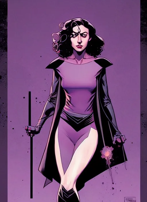 Image similar to Rafael Albuquerque comic cover art, artgerm, Joshua Middleton, pretty Stella Maeve witch doing black magic, serious look, purple dress, symmetrical eyes, symmetrical face, long black hair, full body, dark forest, cool colors