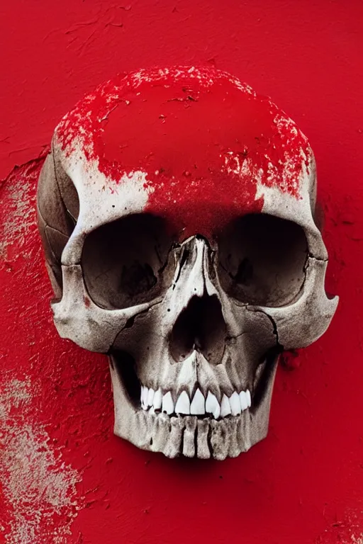 Image similar to a highly detailed photo of a skull dipped in red paint