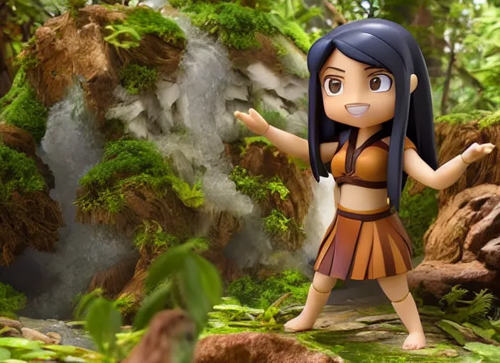 Image similar to katara from avatar as nendoroid is summoning a giant wave from a like in a forest, in the croods movie style, anime, disney, pixar, 8 k, hd, dof, kodak film, volumetric lighting, subsurface scattering, photorealistic, octane render, details