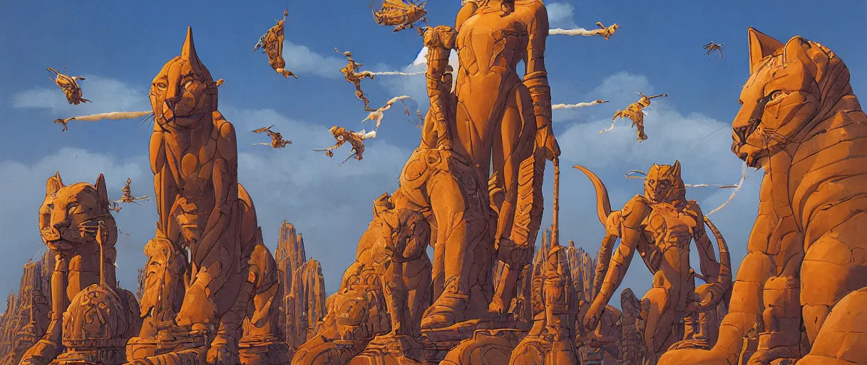 Prompt: A beautiful illustration of massive statues of Feline gods by Robert McCall and Ralph McQuarrie | sparth:.2 | Time white:.2 | Rodney Matthews:.2 | Graphic Novel, Visual Novel, Colored Pencil, Comic Book:.1 | unreal engine:.3 | first person perspective | viewed from below | establishing shot:.7