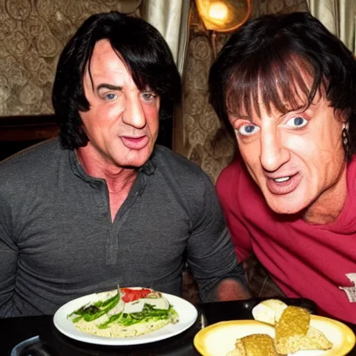 Image similar to lord farquad having a lovely dinner with sylvester stallone