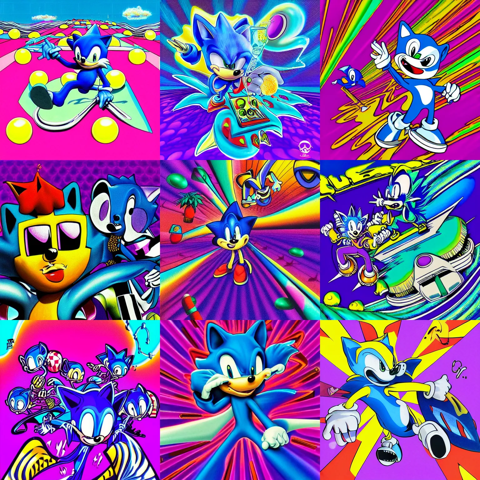 Prompt: surreal, sharp, lowbrow, detailed professional, high quality airbrush art mgmt album cover of a liquid dissolving lsd dmt blue sonic the hedgehog airbrush art surfing through cyberspace, purple checkerboard background, 1 9 9 0 s 1 9 9 2 acid house techno sega genesis video game album cover