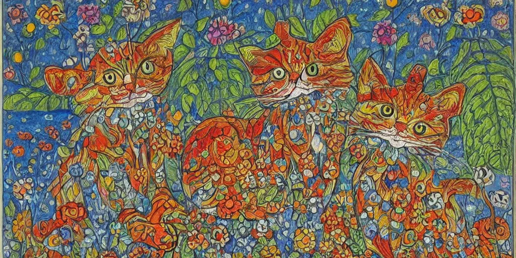 Image similar to A painting in the style of Louis Wain. High details, climatic