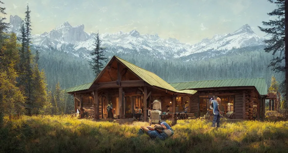 Image similar to cabela's beautiful comfortable modular pop - up insulated all terrain family dwelling, cabin,, person in foreground, mountainous forested wilderness open fields, beautiful views, painterly concept art, joanna gaines, environmental concept art, farmhouse, magnolia, concept art illustration, by james gurney, by craig mullins, by greg rutkowski trending on artstation