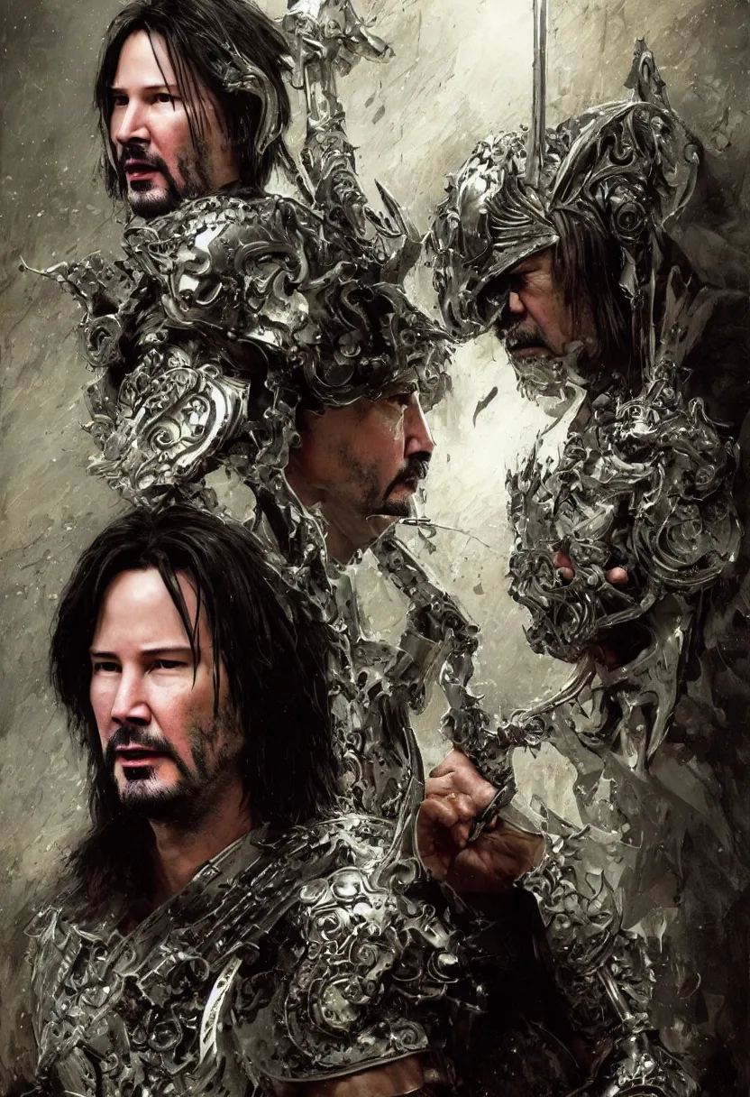 Image similar to young keanu reeves as donald trump, legendary warrior, heroic fighter, lord of the rings, tattoos, decorative ornaments, battle armor, by omar ortiz, carl spitzweg, ismail inceoglu, vdragan bibin, hans thoma, greg rutkowski, alexandros pyromallis, perfect face, fine details, realistic shading photorealism