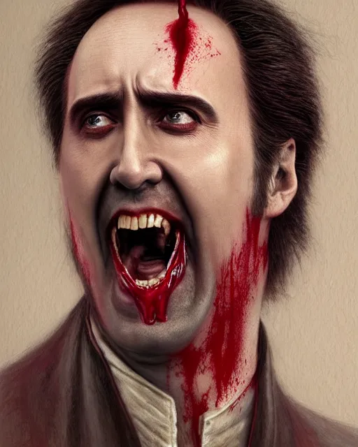 Prompt: nicolas cage as dracula, drink blood, highly detailed, centered, artstation, concept art, smooth, sharp focus, illustration, bokeh art by artgerm and donato giancola and joseph christian leyendecker zdzisław beksinski