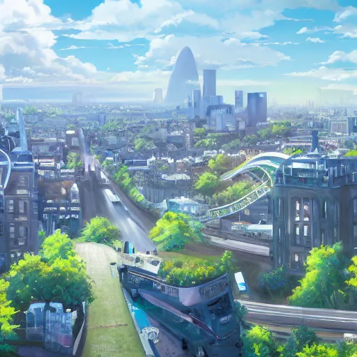 Prompt: A beautiful painting of London ,Anime ,nature ,illustration, Nature wallpaper, Bright and airy, Aerial, Makoto shinkai ,Trending on artstation