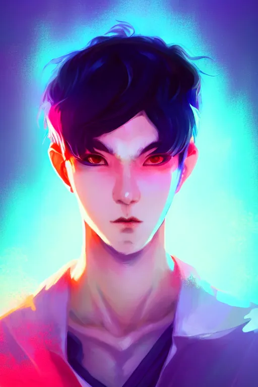 Image similar to a boy looks like meguro ren, blurred environment background, colorful magic effects, white skin, portrait, male, clothed, sharp focus, digital art, concept art, trending on artstation, dynamic lighting, by emylie boivin and rossdraws