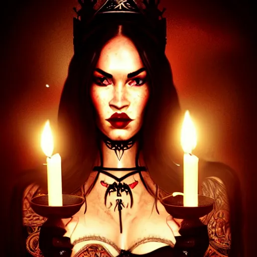Prompt: megan fox witch queen, black eyes, blood, full body, intricate victorian dress, cinematic lighting, symmetrical eyes, rafael albuquerque, charlie bowater, moody lighting, candles