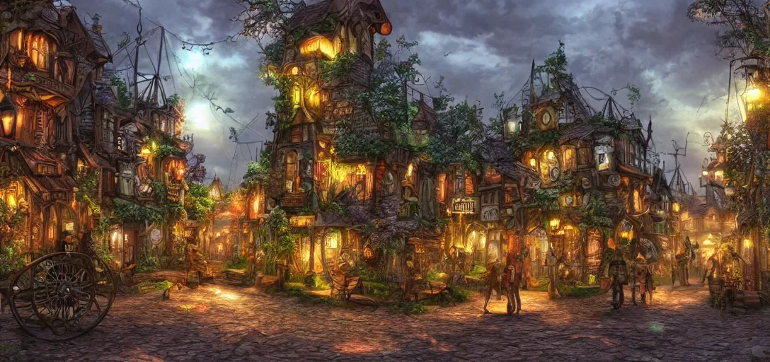 Prompt: Look of a steampunk village, full daylight, evening, cartoon moody scene, digital art, 8k, colorful details of lush nature covering the streets