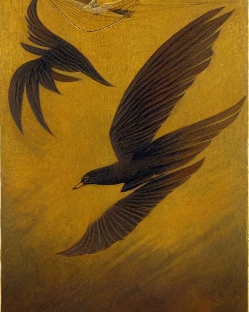 Image similar to calibri bird flies over the abyss Gustav Kilmt, symbolist, gold leaf, 1908