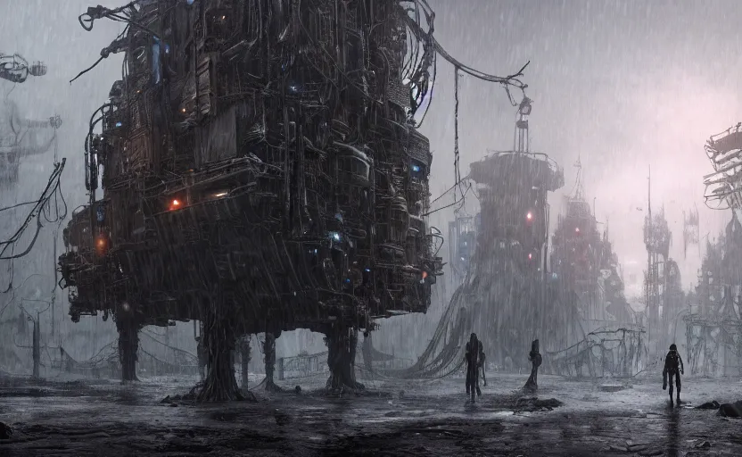 Prompt: a closeup matte painting of a bipedal hideous creature following and stalking people in this cyber - frostpunk city, in the rain, highly detailed, in the style of john chamberlain, dark moody lighting, hyper photorealism, trending on artstation, 8 k