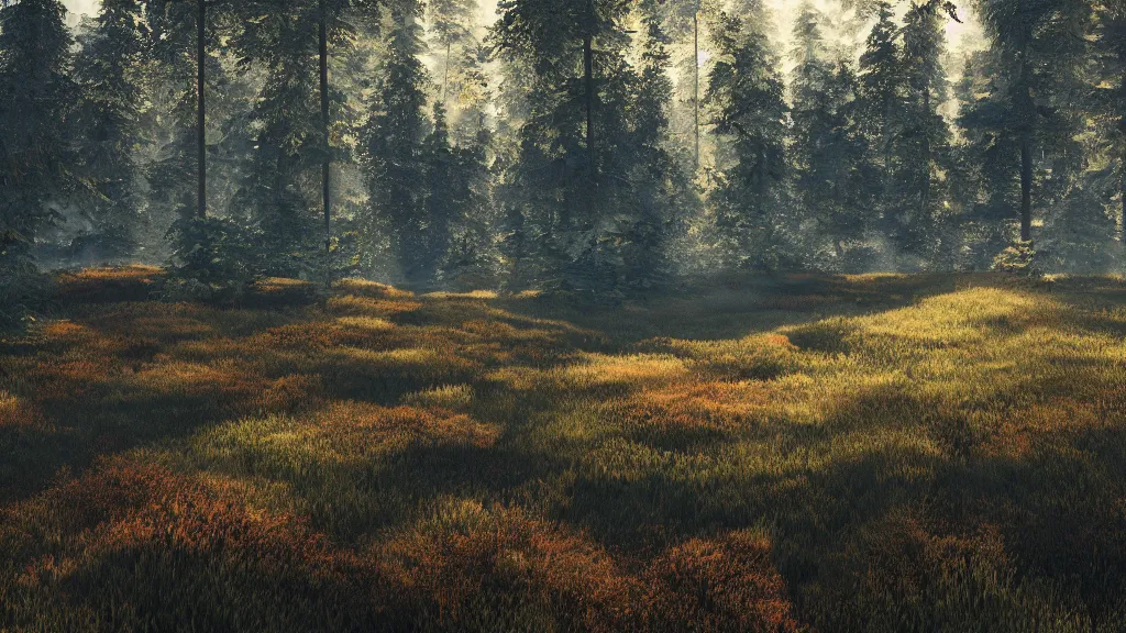 Image similar to beautiful view of a swedish forest in the morning light, trending on Artstation, octane render, unreal engine, visually stunning, award winning